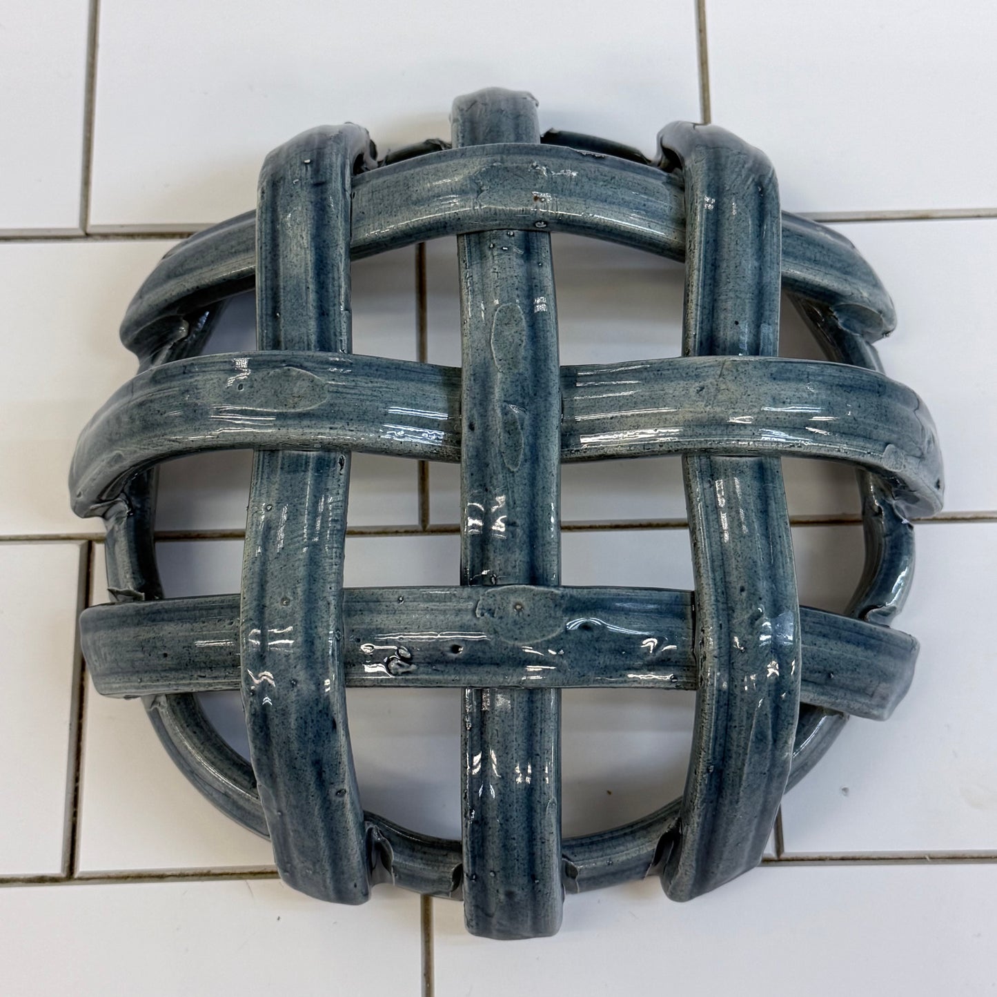 Studio Art Pottery Open Lattice Ceramic Bowl Blue Gray