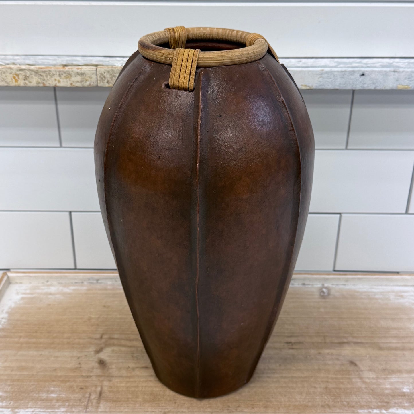 Hand Carved Philippine Wood Vase with Rattan Collar Decorative Vase