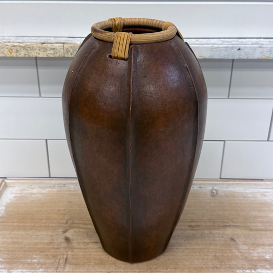 Hand Carved Philippine Wood Vase with Rattan Collar Decorative Vase