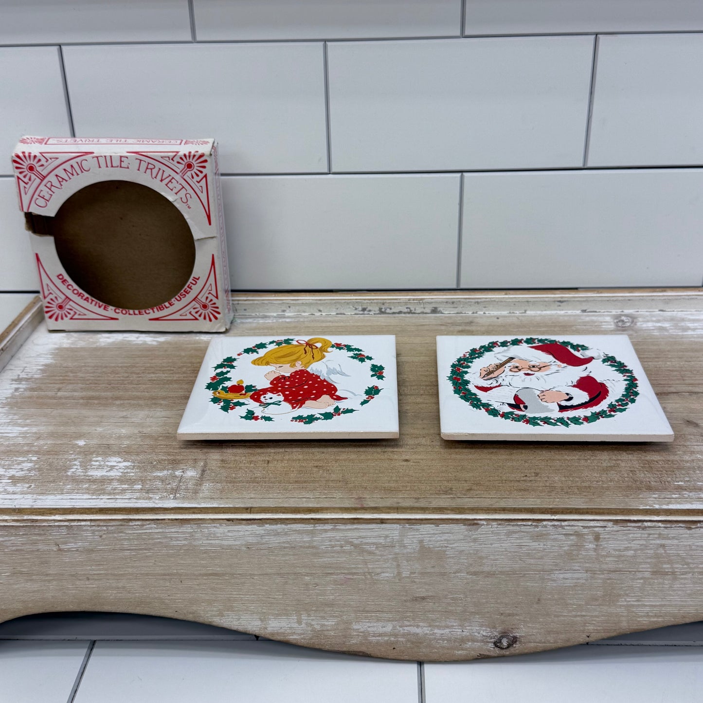 Jasco Christmas Ceramic Tile Trivets, Ceramic Set of 2 1981