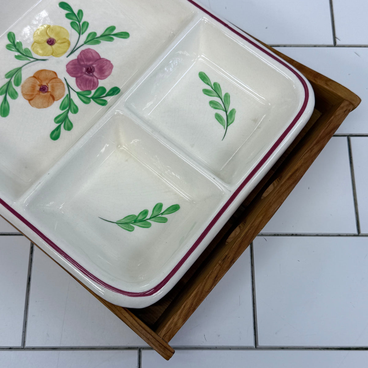 Hand Painted Floral Serving Dish with Wood Tray