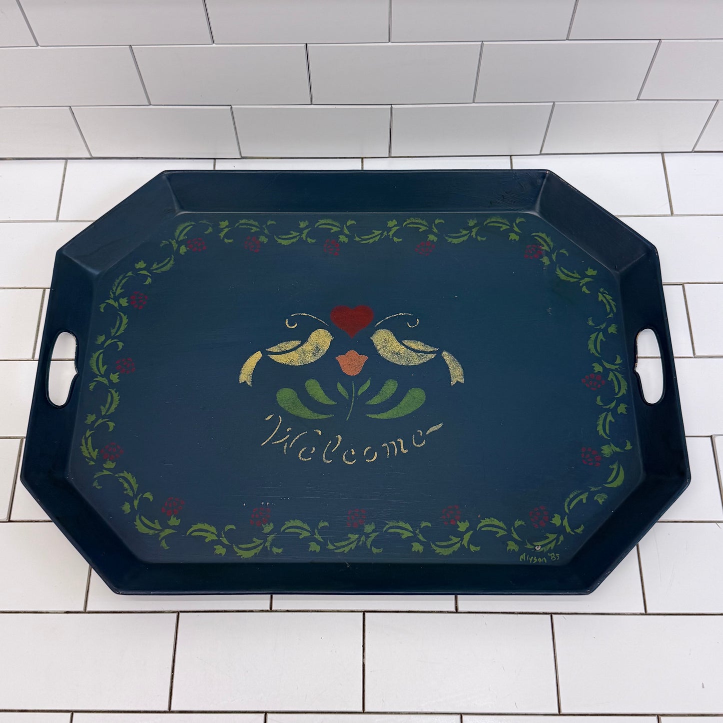 Vintage Folk Art Toleware Serving Tray Signed 1985