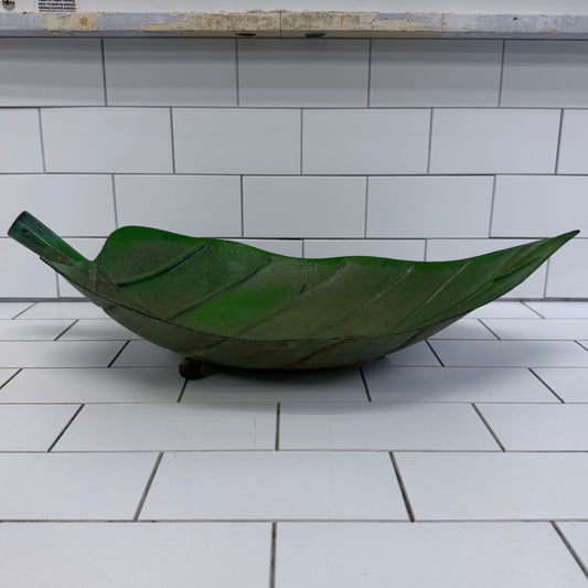 Large Green Metal Leaf Bowl Botanical Centerpiece Decor