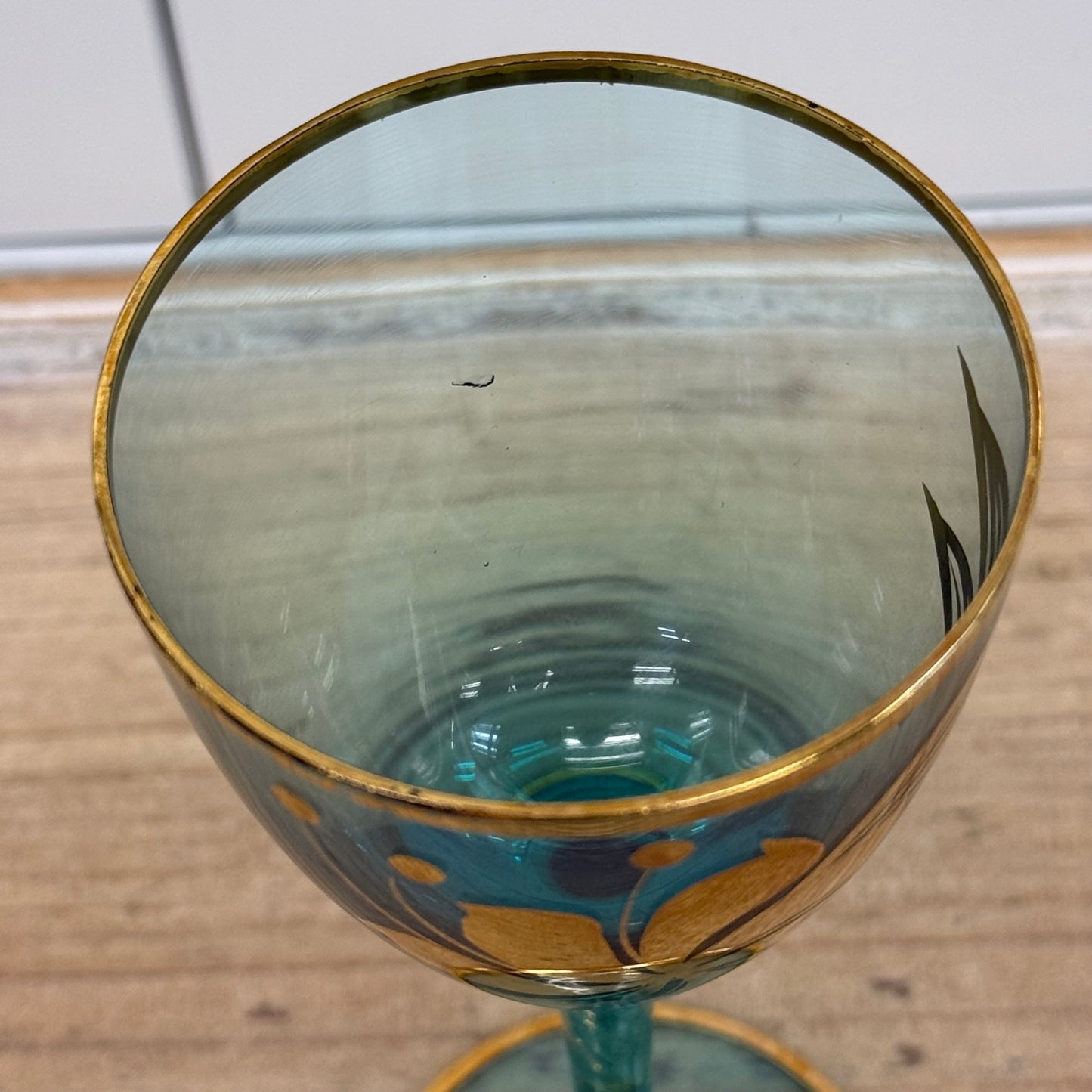 Italian Blue Glass Decanter & 6 Goblets Gold Floral Set