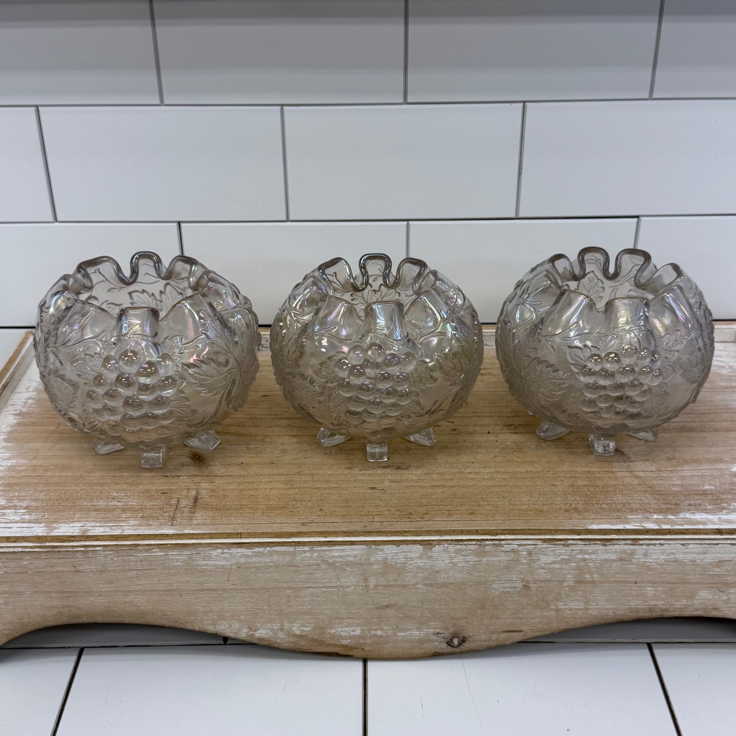 Dugan Grape Delight White Carnival Glass Bowls, Set of 3 c.1910s