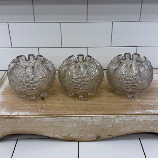 Dugan Grape Delight White Carnival Glass Bowls, Set of 3 c.1910s