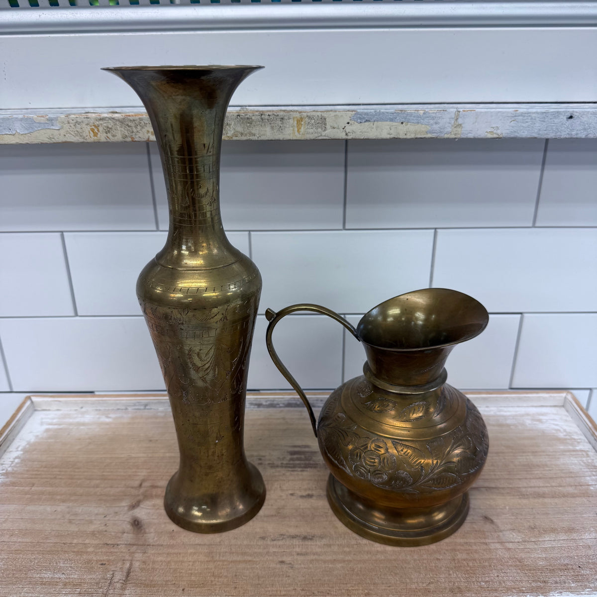 Vintage Indian Engraved Brass Pitcher & Vase Set 1960s–70s