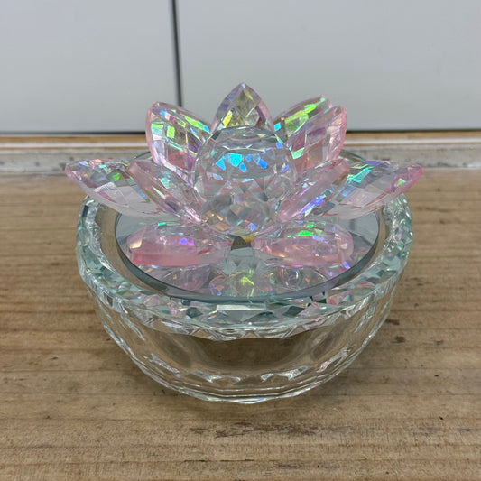 Iridescent Pink Crystal Lotus Flower Glass Trinket Jewelry Box