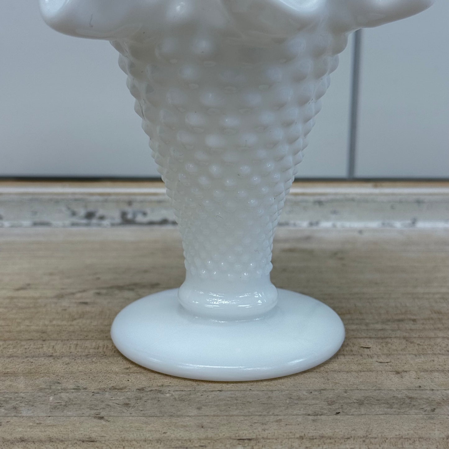 Fenton Trumpet Vase, Ruffled Hobnail Milk Glass