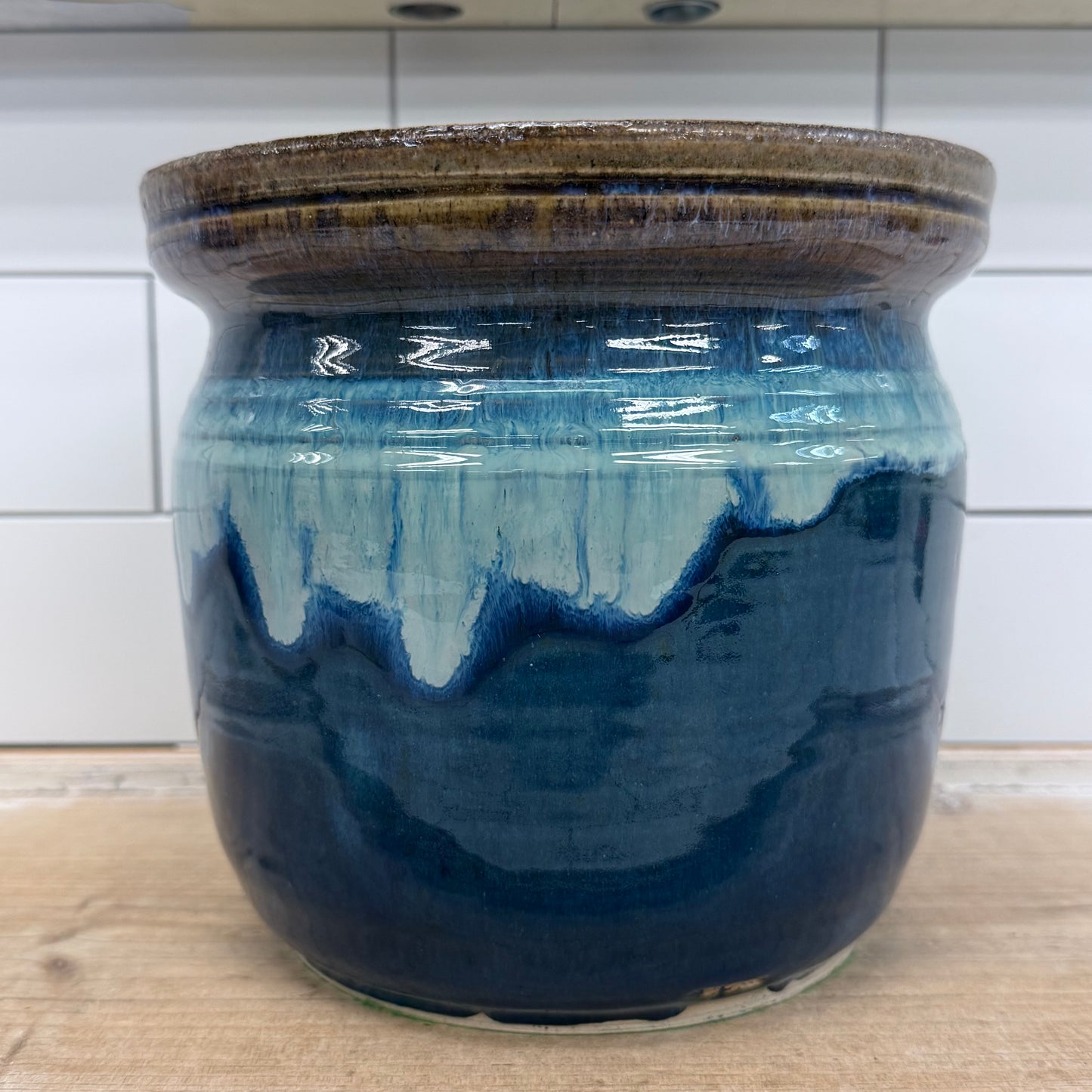 Studio Art Pottery Blue Drip Glaze Stoneware Planter Pot