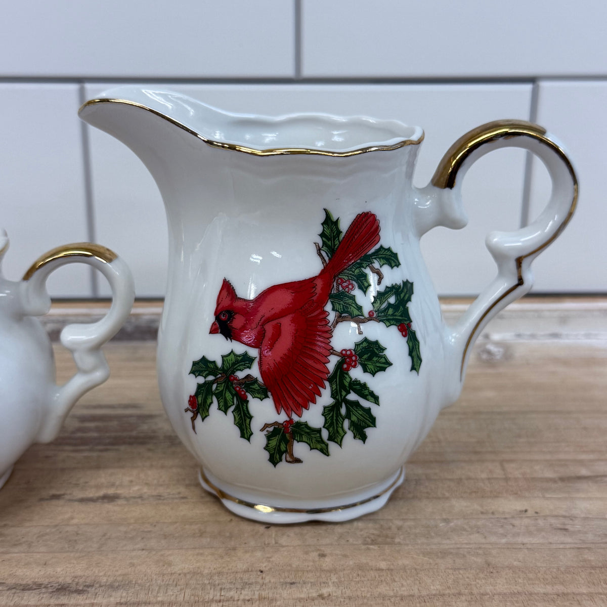 Lefton Cardinal Holly Creamer & Sugar Bowl Christmas