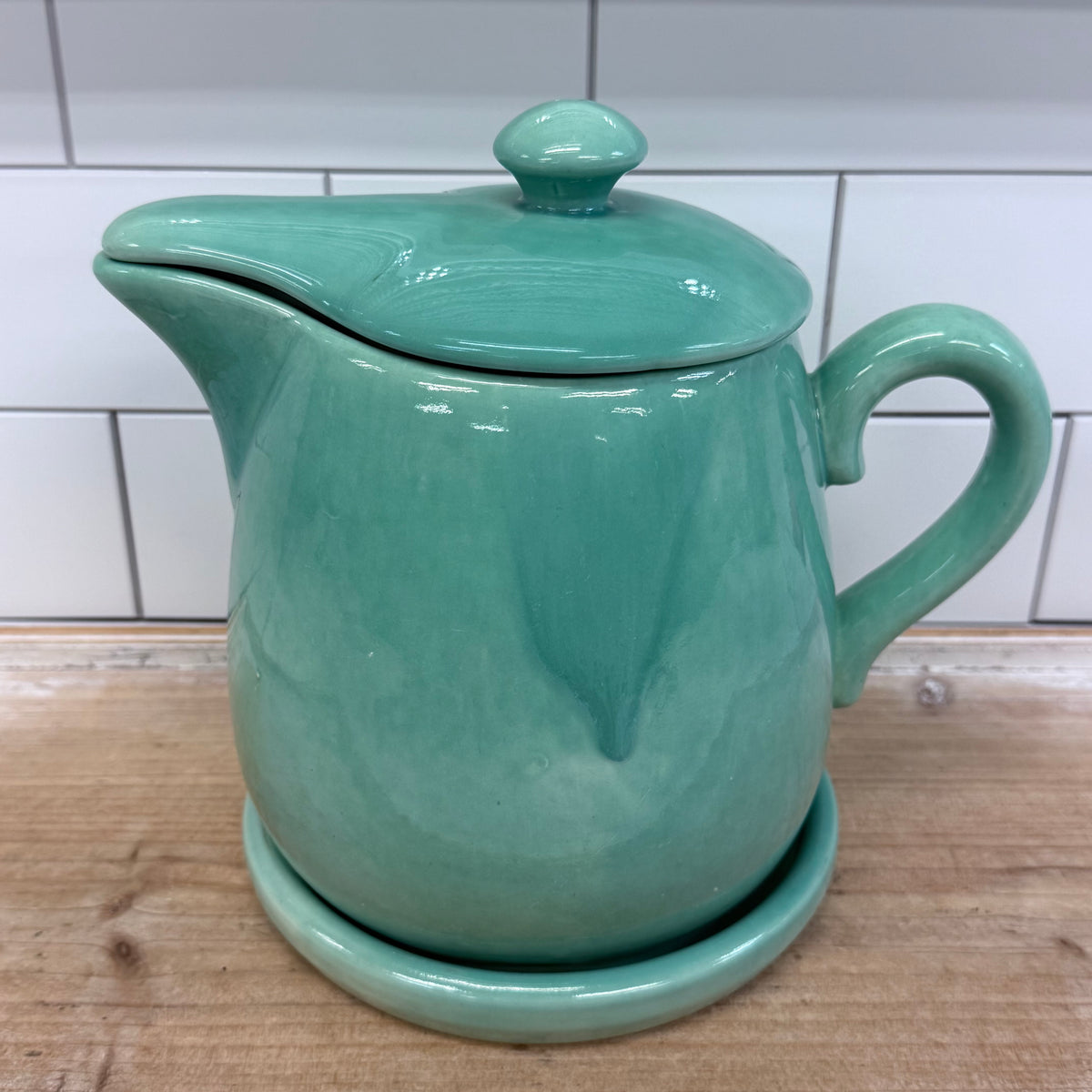 Russel Wright Style Seafoam Green Ceramic Covered Pitcher