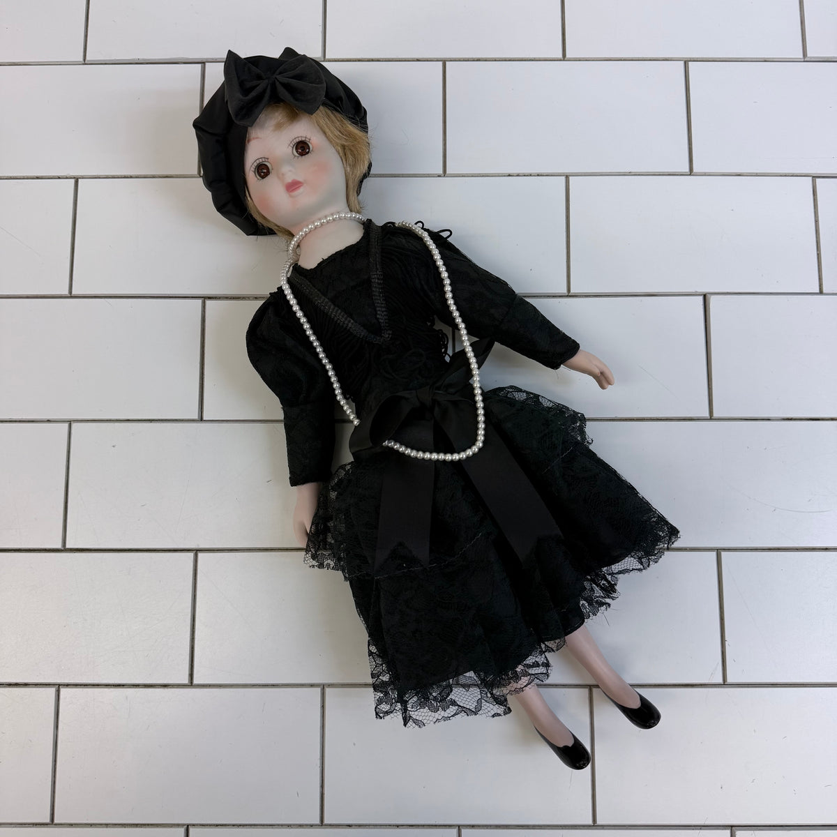 Porcelain Flapper Lady Doll Black Lace Dress