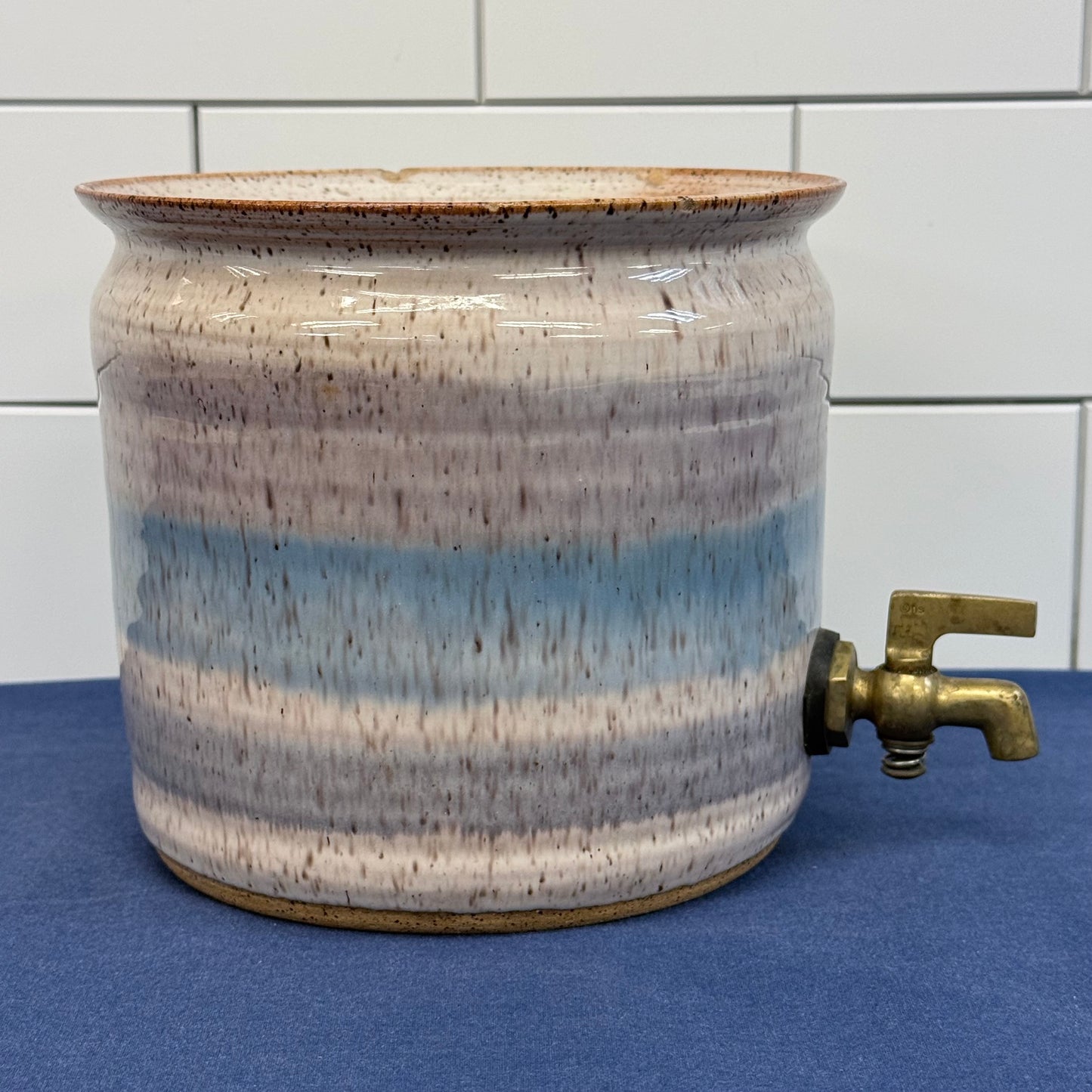 Stoneware Beverage Dispenser Blue Gray Glaze Crock Vessel 1970s