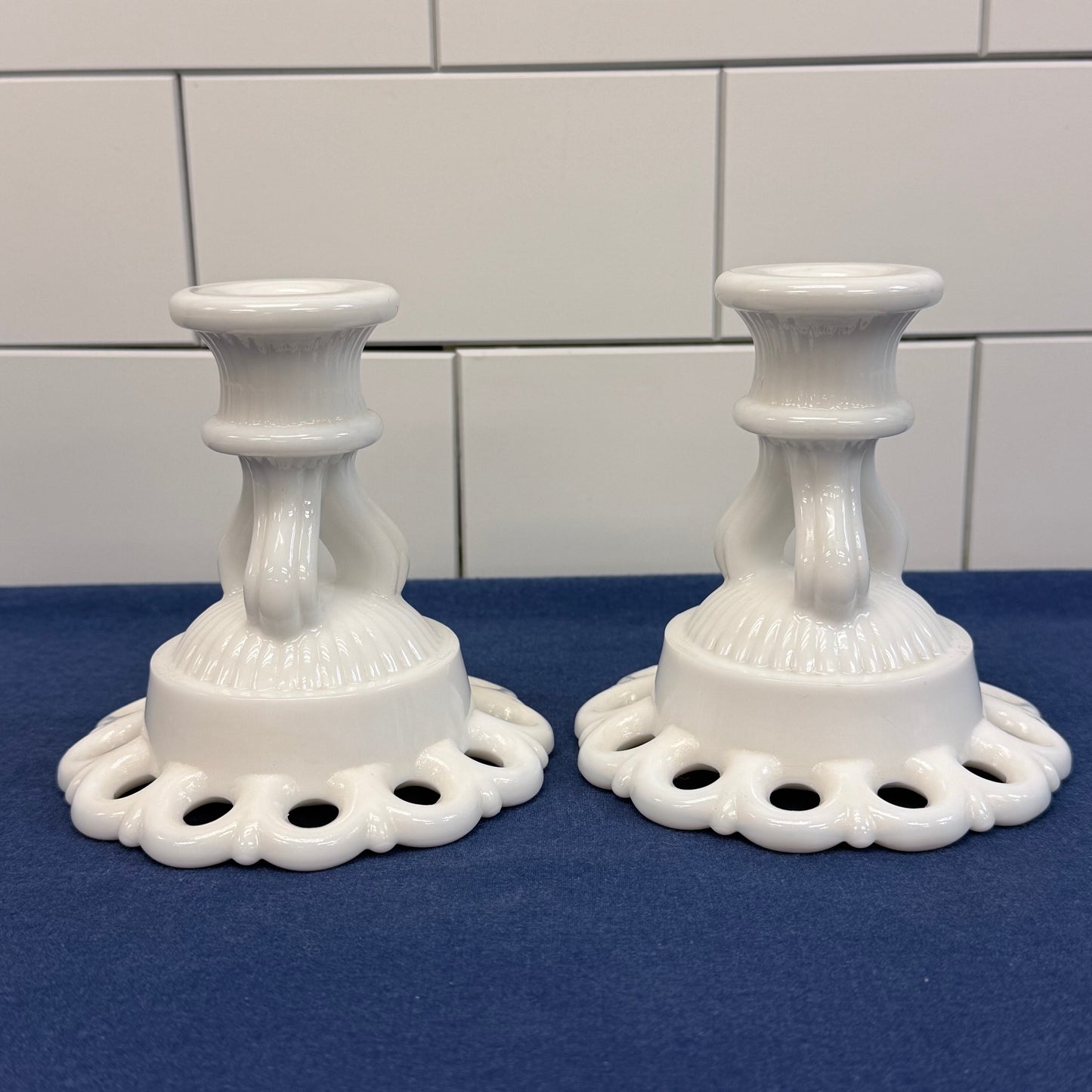 Westmoreland Doric Lace Candlestick Holders, Milk Glass
