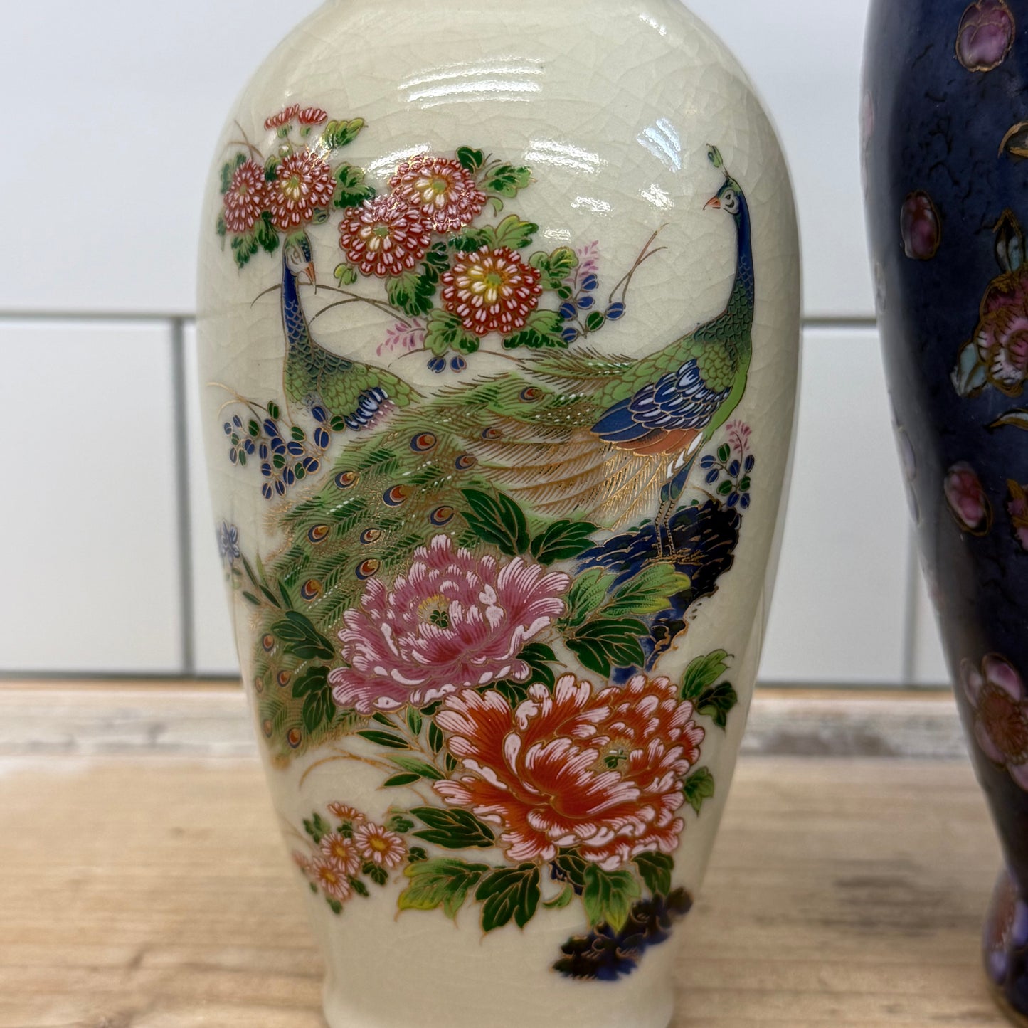 Porcelain Peacock & Floral Vases Set of 2