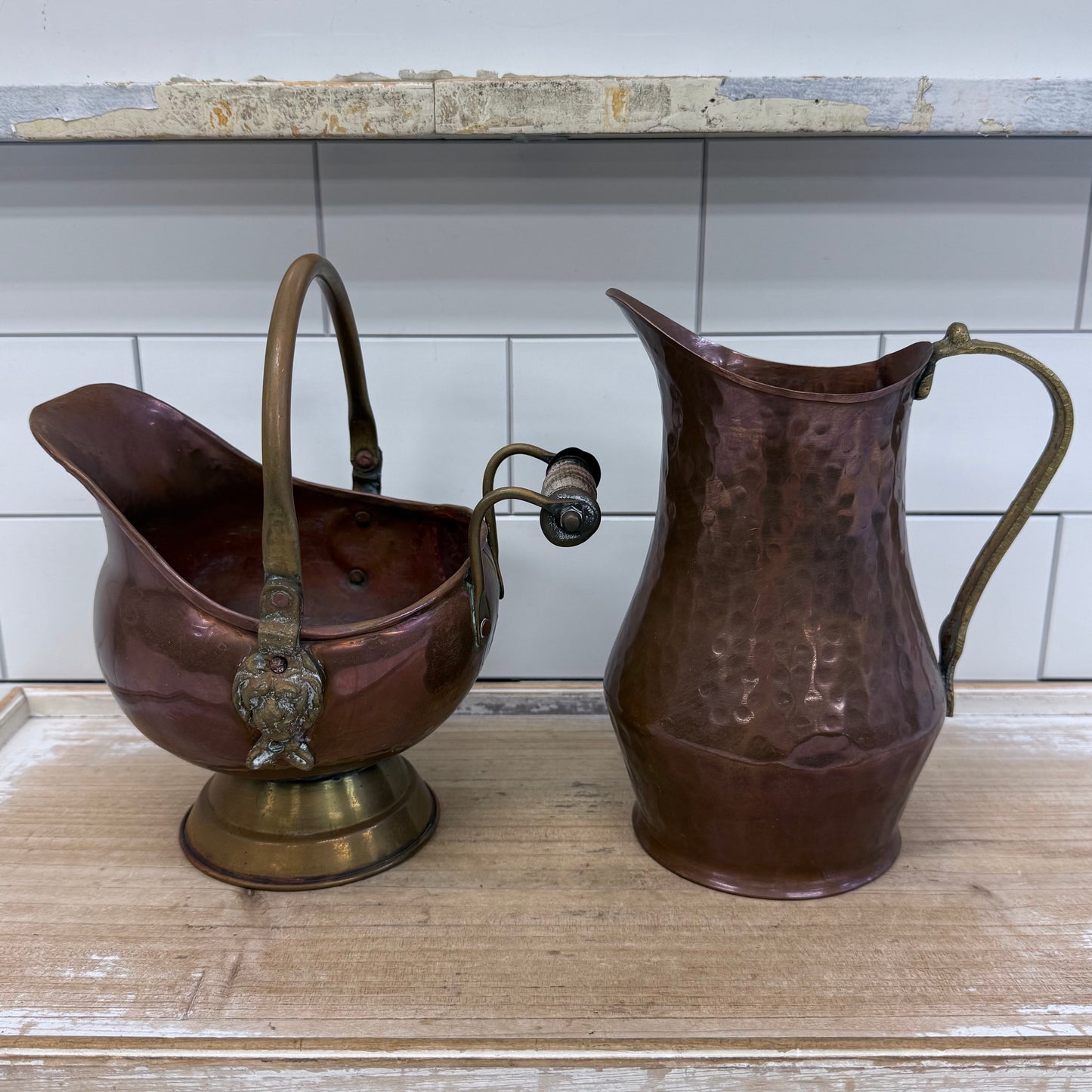 Copper Coal Scuttle & Hammered Pitcher Decor Set