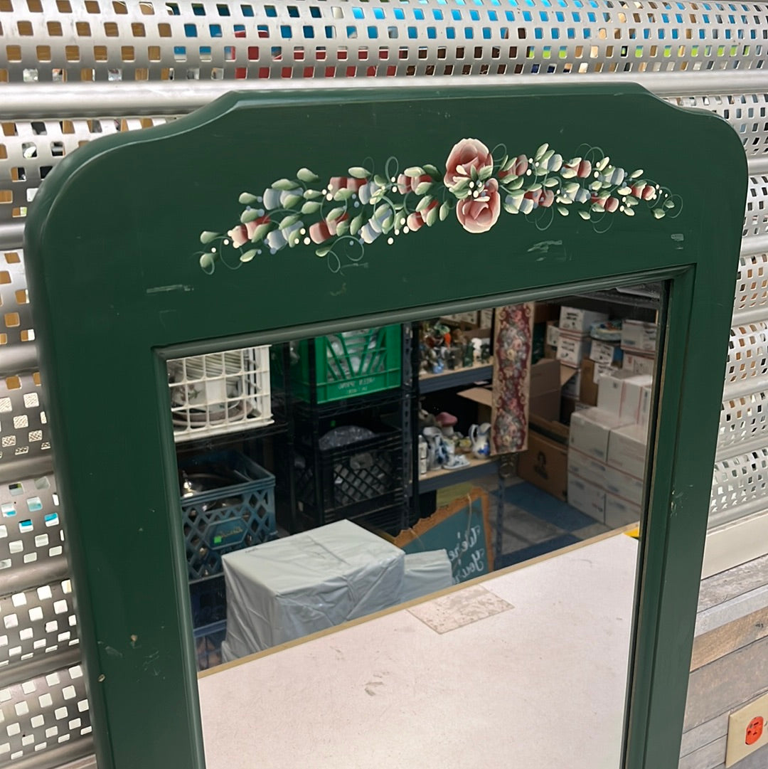 Handpainted Green Floral Wall Mirror, Signed