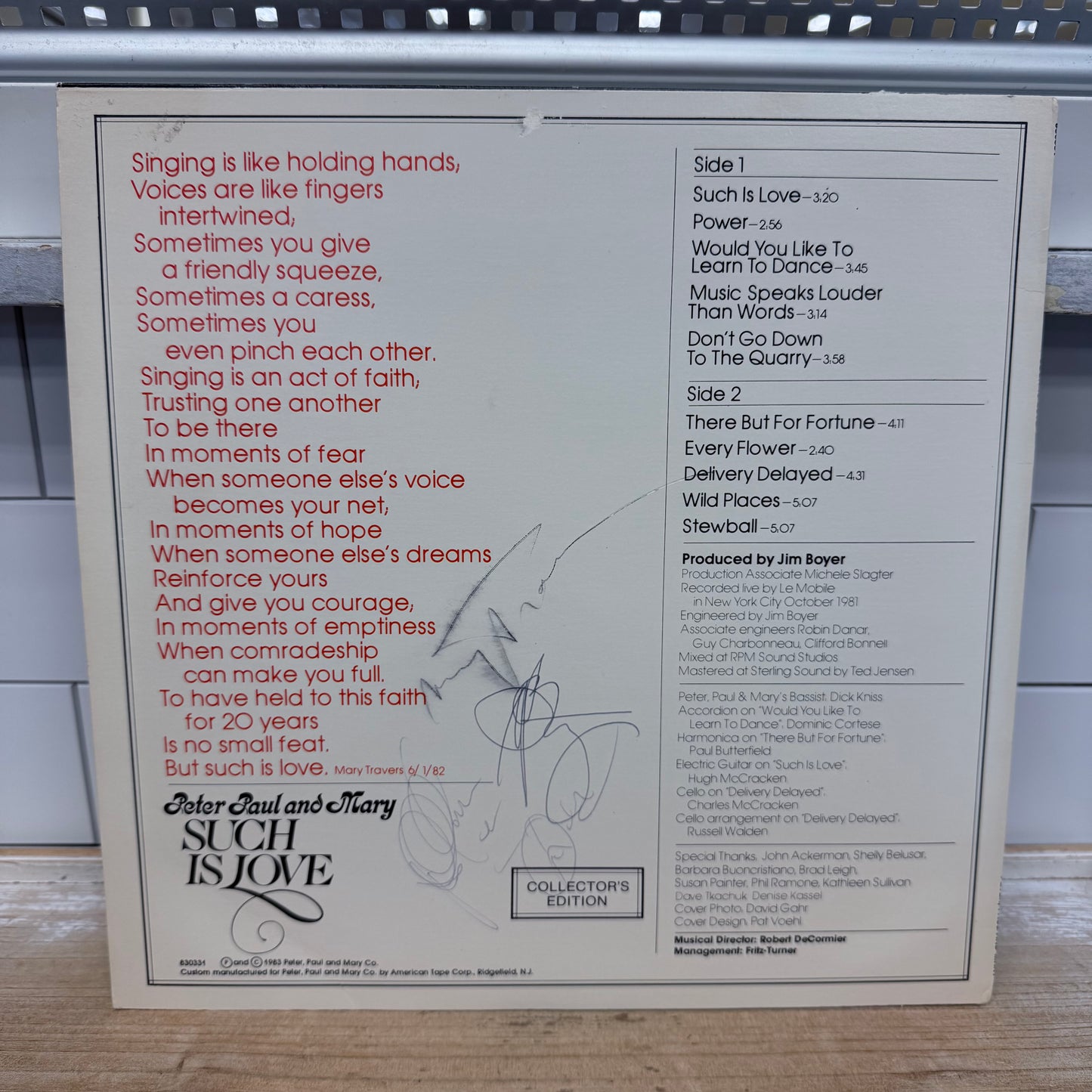 Peter, Paul and Mary Such Is Love Autographed Vinyl Record 1983