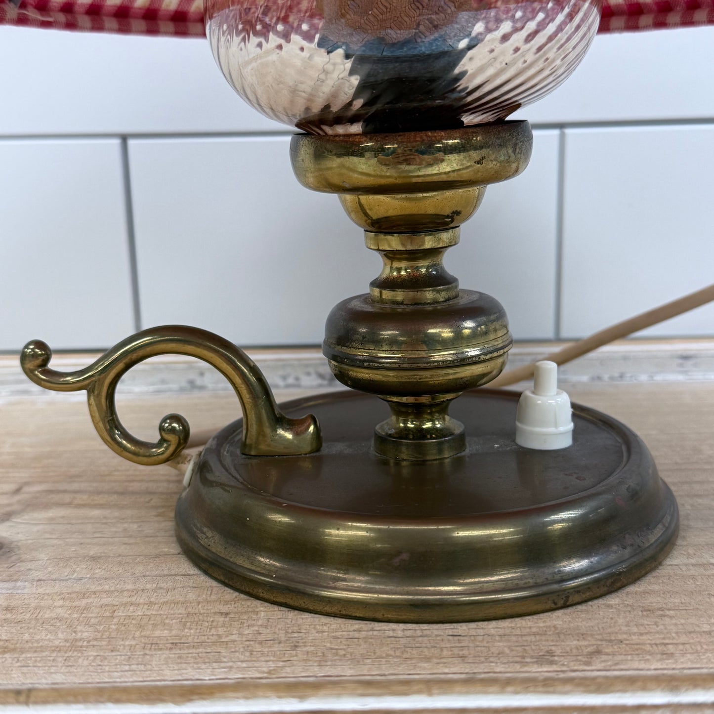 Brass Hurricane Lamp Gingham Shade Farmhouse