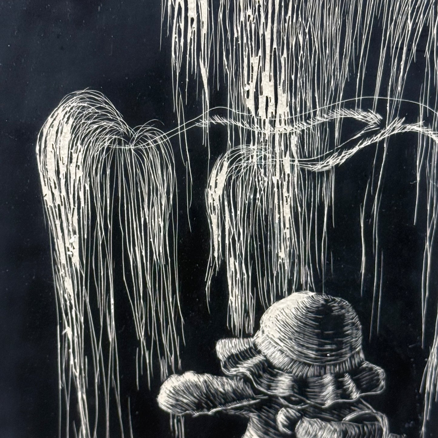 Original Linocut Print Child Under Willow Signed Kris Johnson