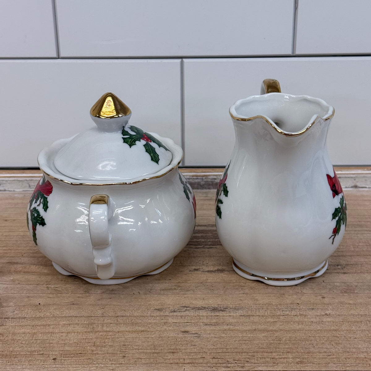 Lefton Cardinal Holly Creamer & Sugar Bowl Christmas