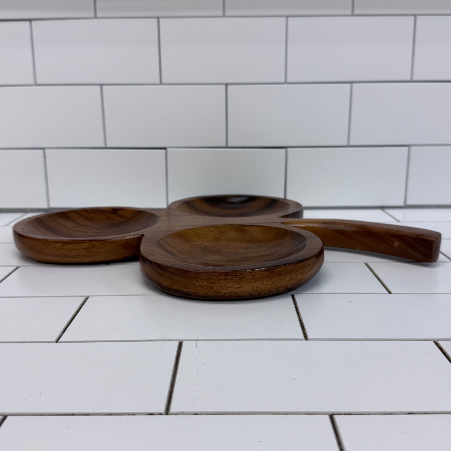 MCM Wood Clover Serving Tray Divided Snack Dish 16”