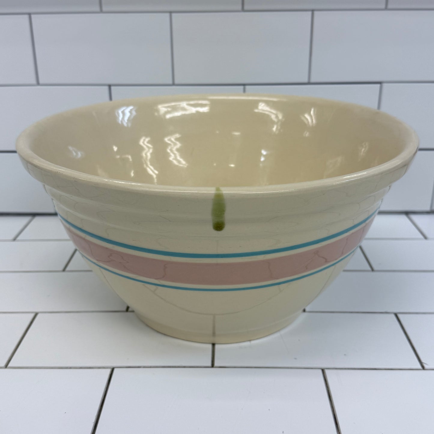 USA Pottery Mixing Bowl Pink Blue Bands Ovenware 1940s