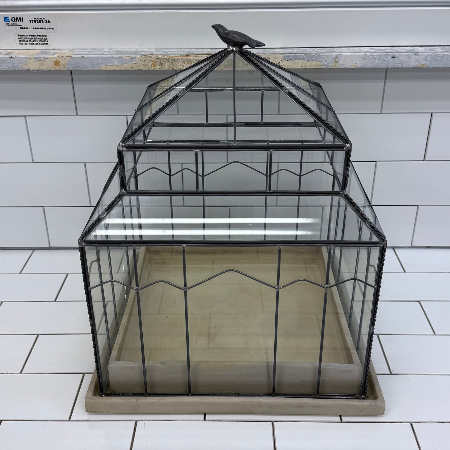 Hen-Feather House Glass Terrarium Greenhouse Ceramic Base Bird Finial