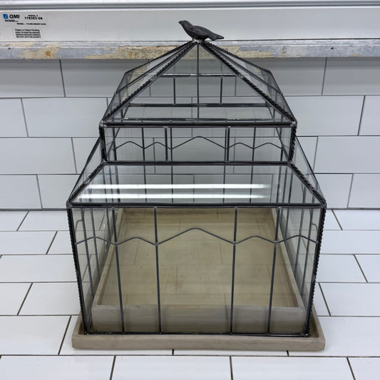 Hen-Feather House Glass Terrarium Greenhouse Ceramic Base Bird Finial