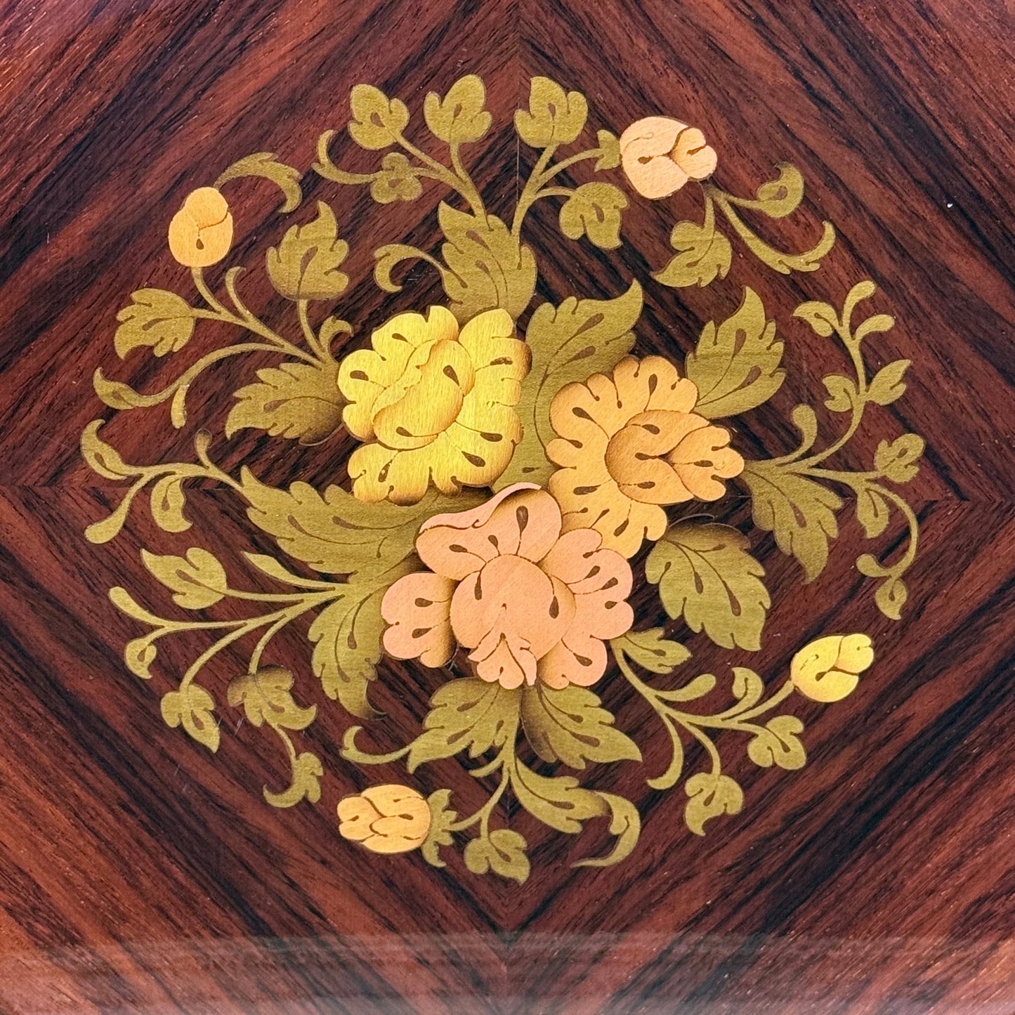 Floral Marquetry Wood Serving Tray with Brass Handles