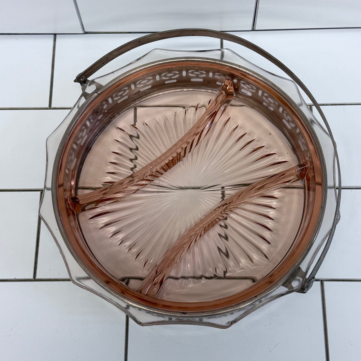 Pink Depression Glass Divided Relish Tray Carrier