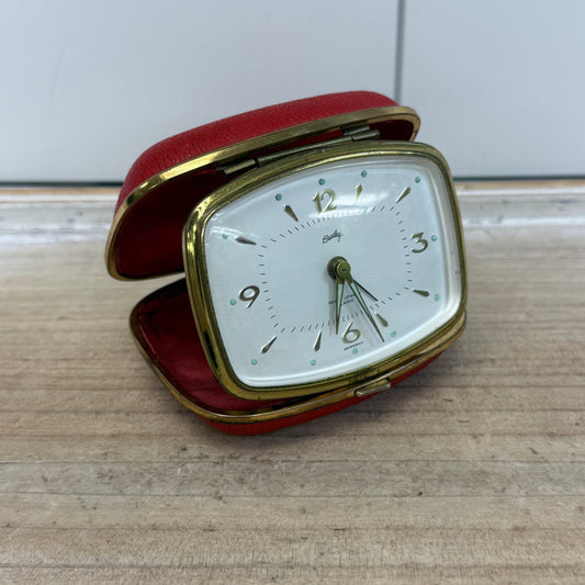 Bradley Mechanical Travel Alarm Clock in Red Leather Case