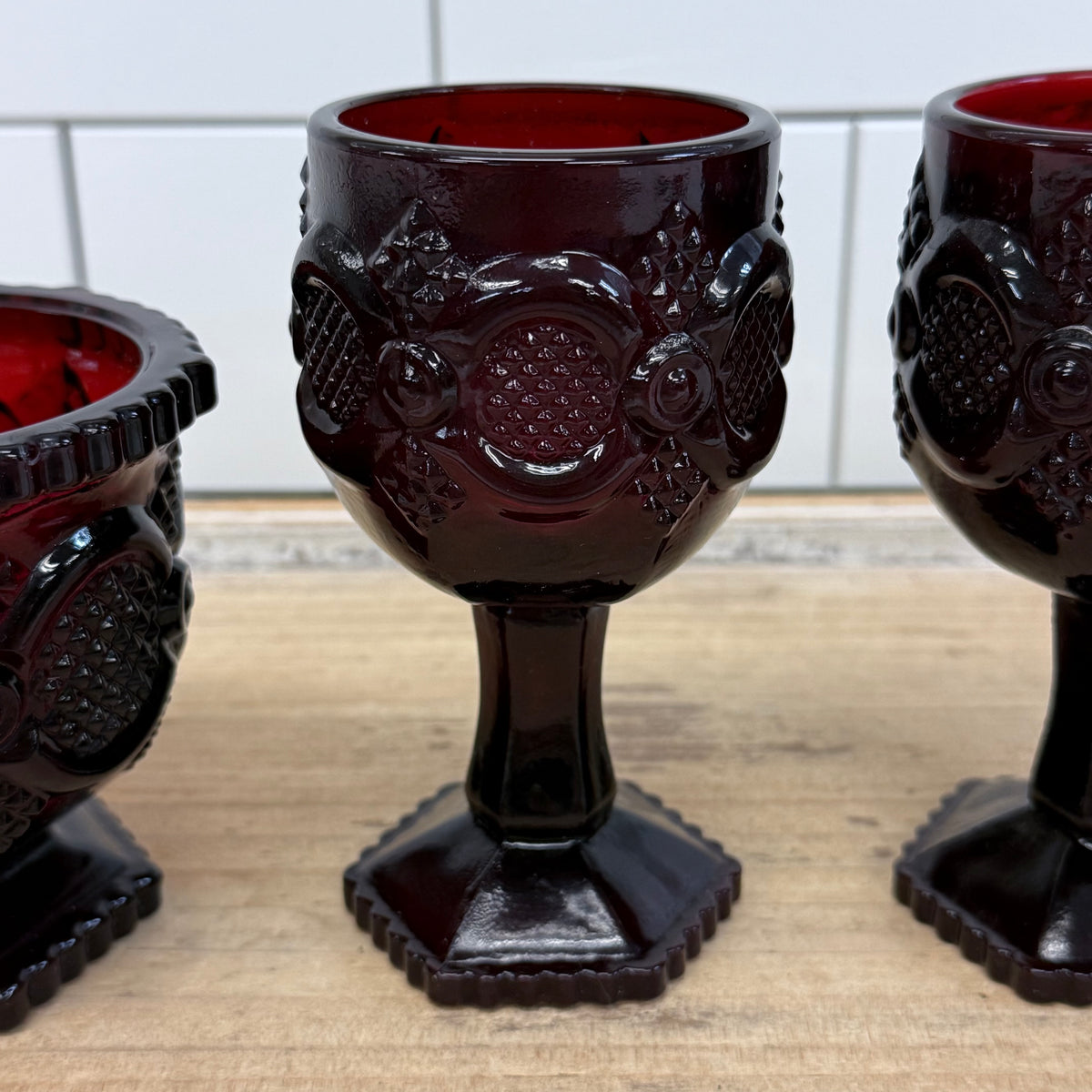 Avon Cape Cod Ruby Red Glass Wine Glasses & Sugar Bowl Set