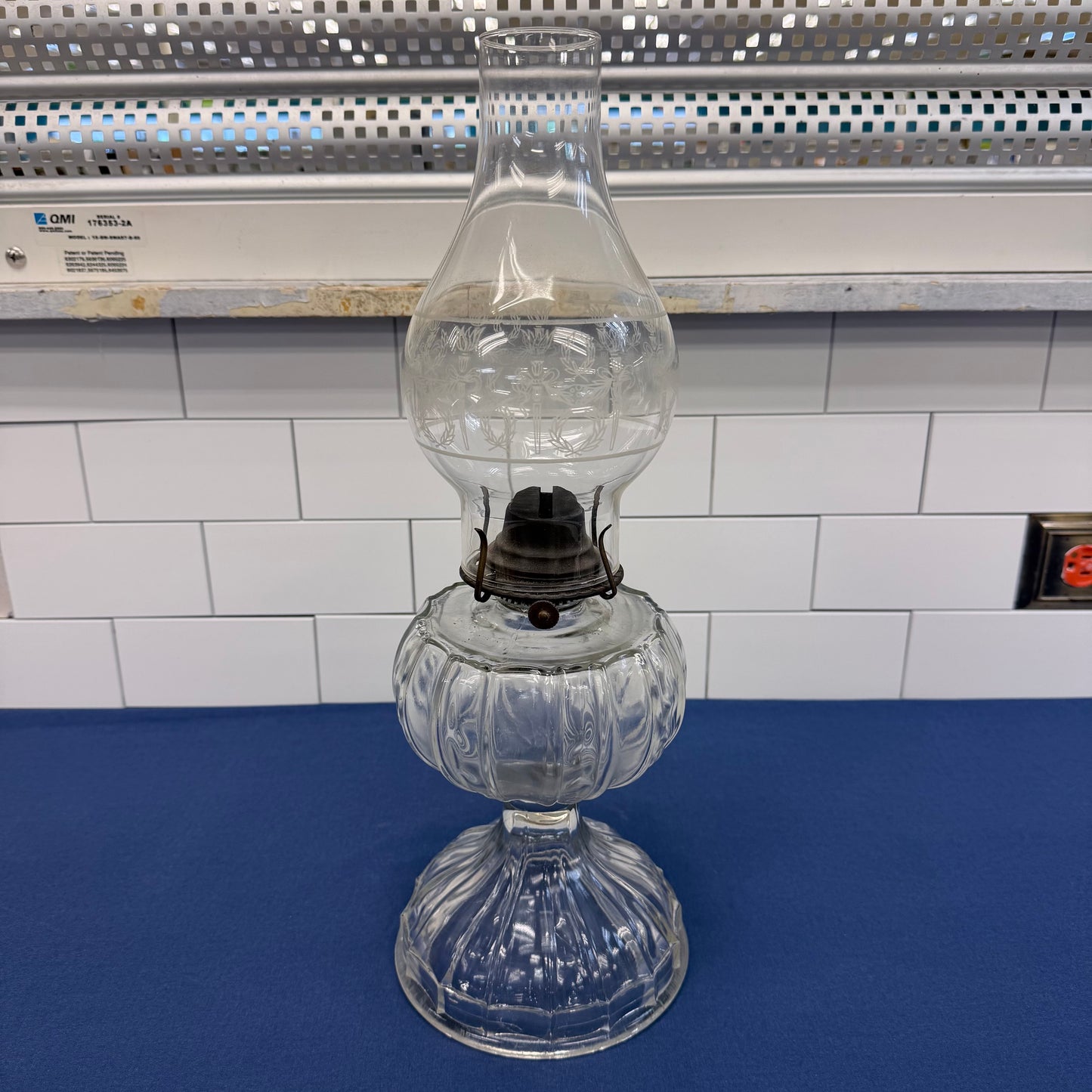 Giant Brand Clear Glass Oil Lamp with Etched Floral Glass Chimney