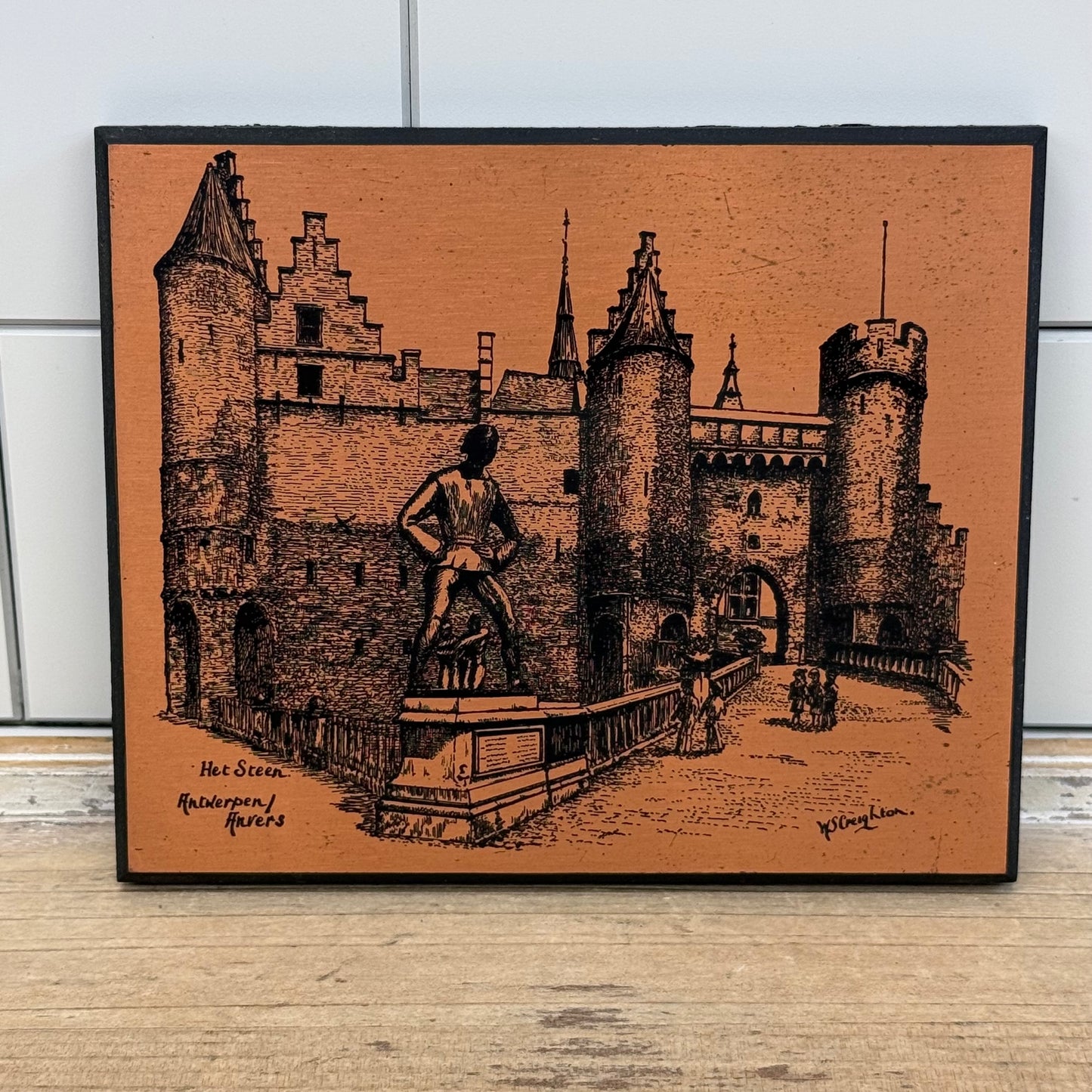 Antwerp Belgium Etched Copper Plaques Signed W. S. Creighton Set of 2
