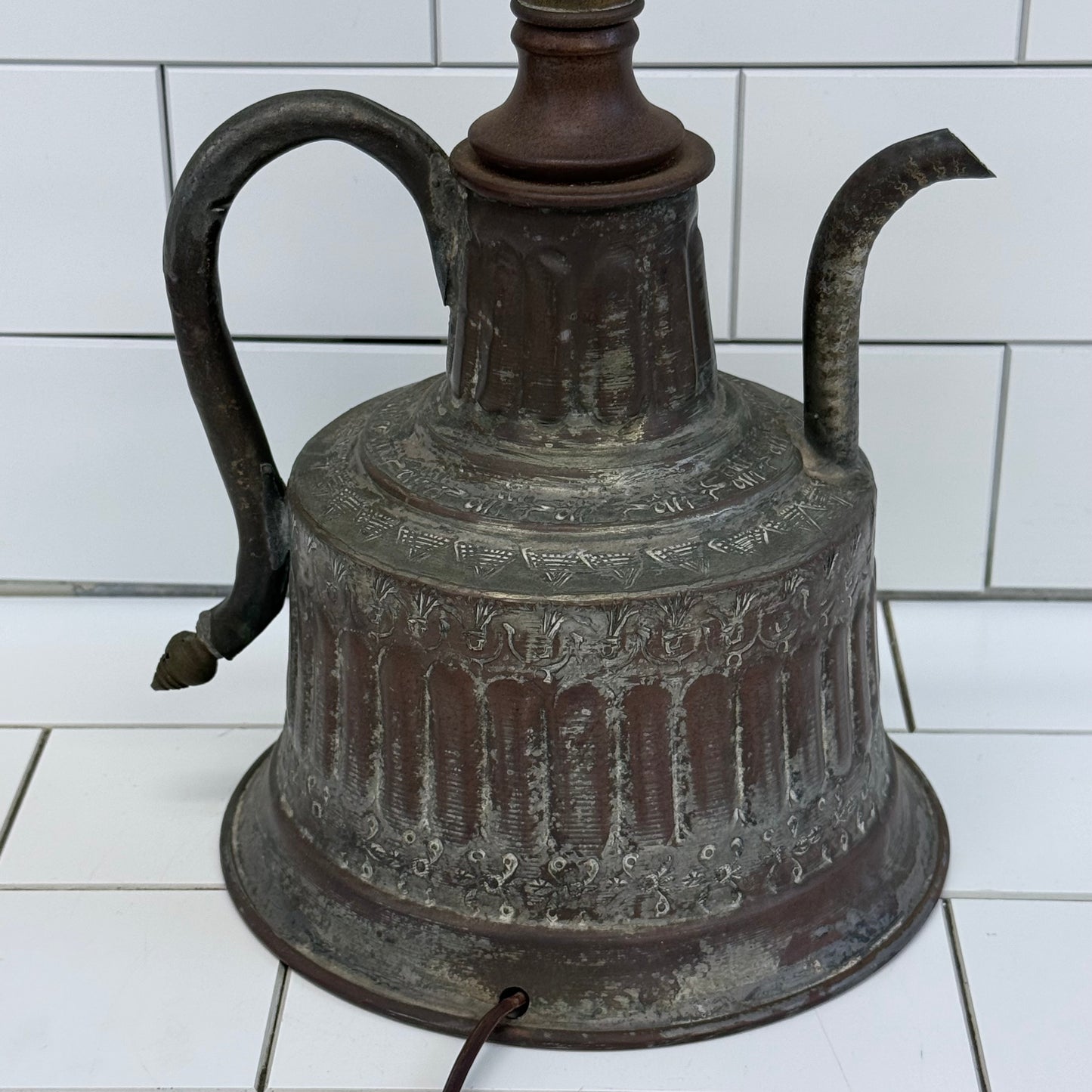 Vintage Kettle Table Lamp with Whipstitch Shade