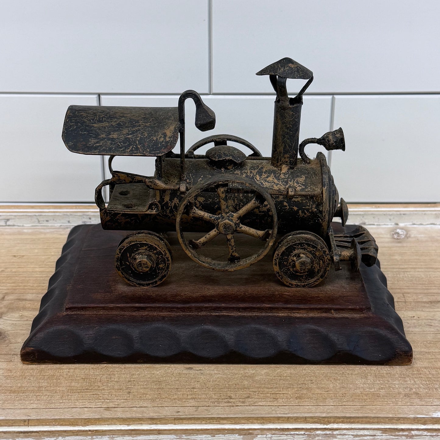 Steam Locomotive Metal Sculpture on Carved Wood Base
