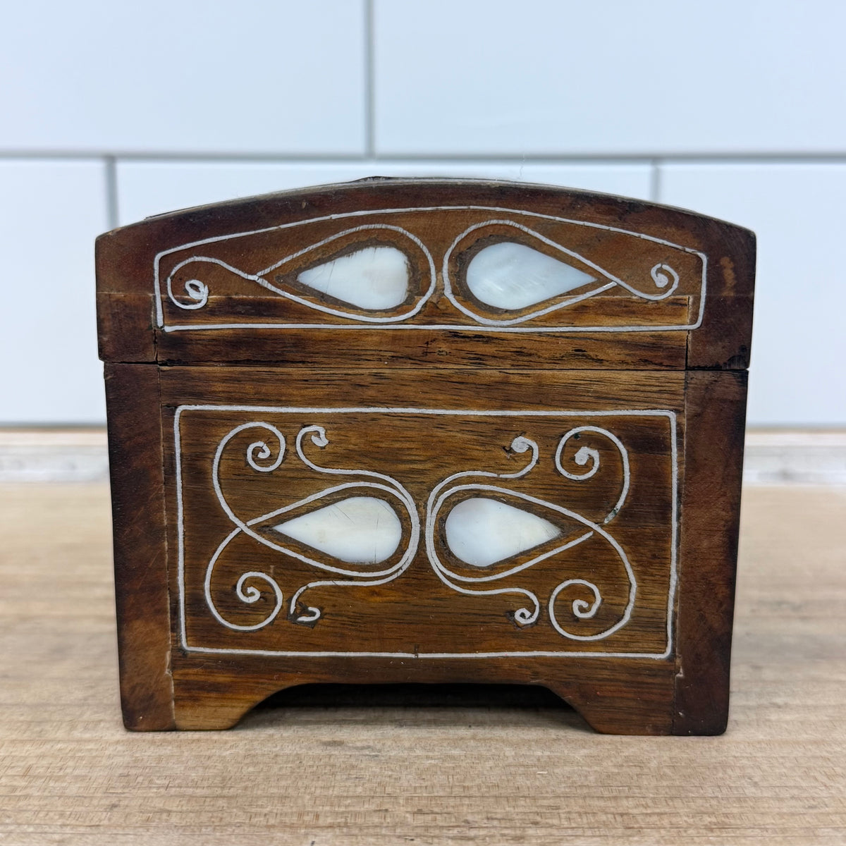 Wood Mother of Pearl Inlay Jewelry Trinket Box