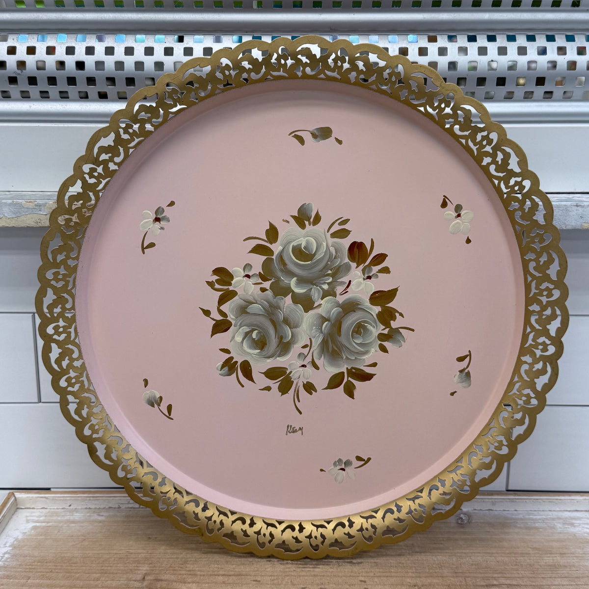 Vintage Hand Painted Pink Floral Tole Metal Tray 15”
