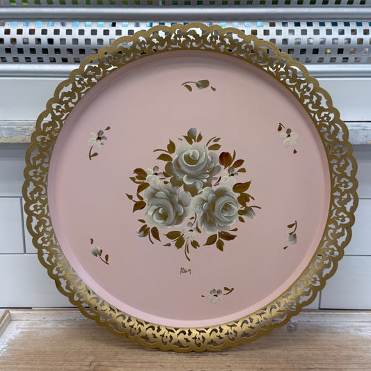 Vintage Hand Painted Pink Floral Tole Metal Tray 15”