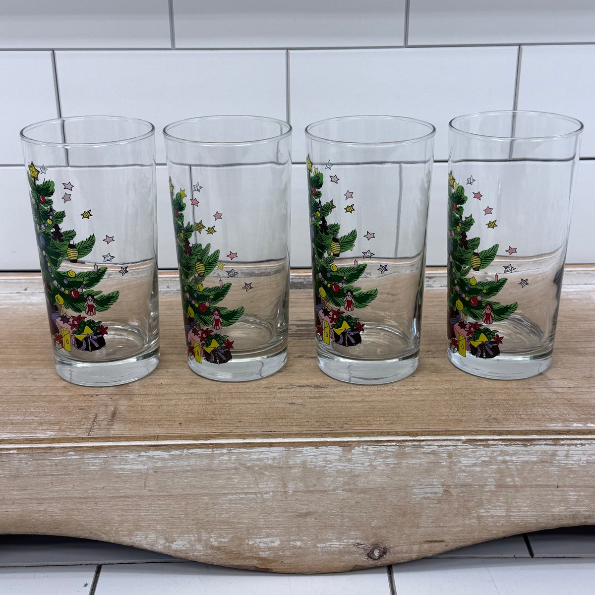 Nikko Christmas Tree Teddy Bear Highball Glass Tumblers Set of 4
