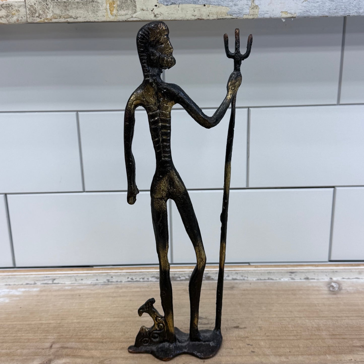 Brutalist Poseidon Bronze Trident Sculpture Figure