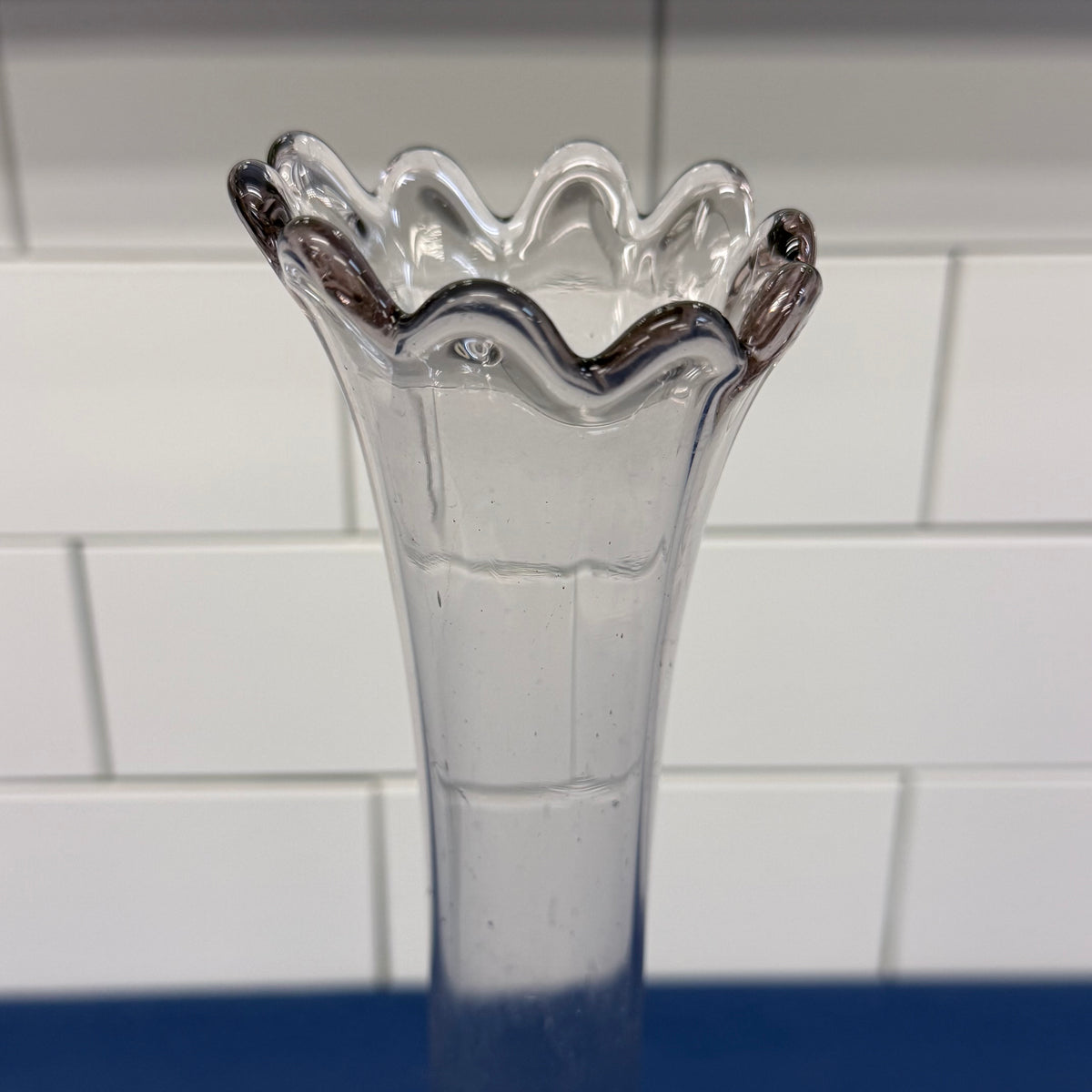 Clear Glass Swung Vase Ruffle Rim Mid Century
