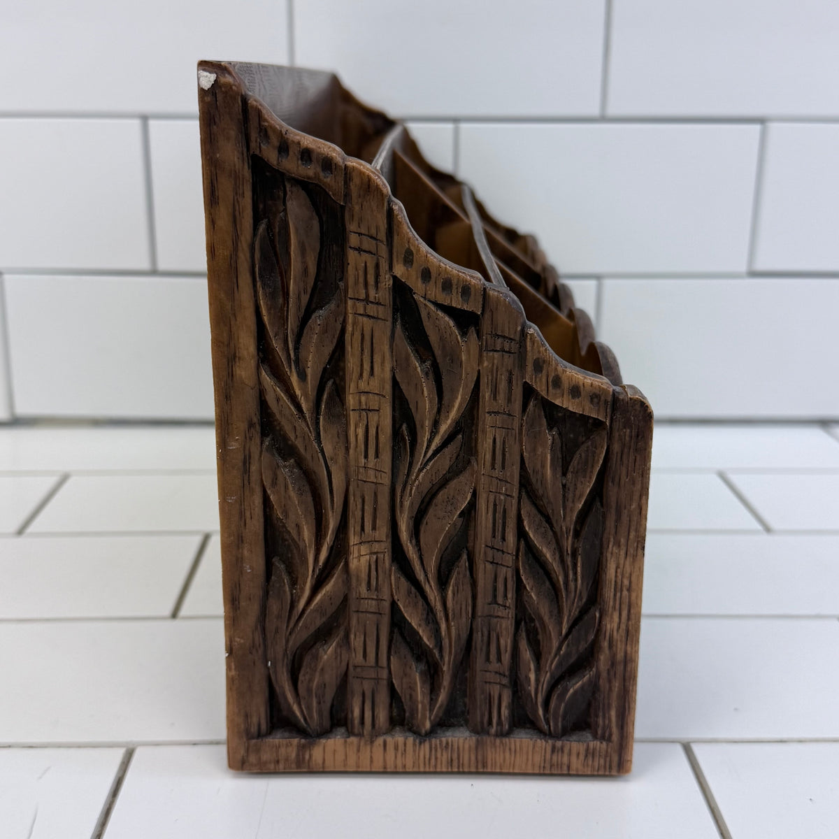 Vintage Lerner Carved Wood Floral Letter Mail Desk Organizer