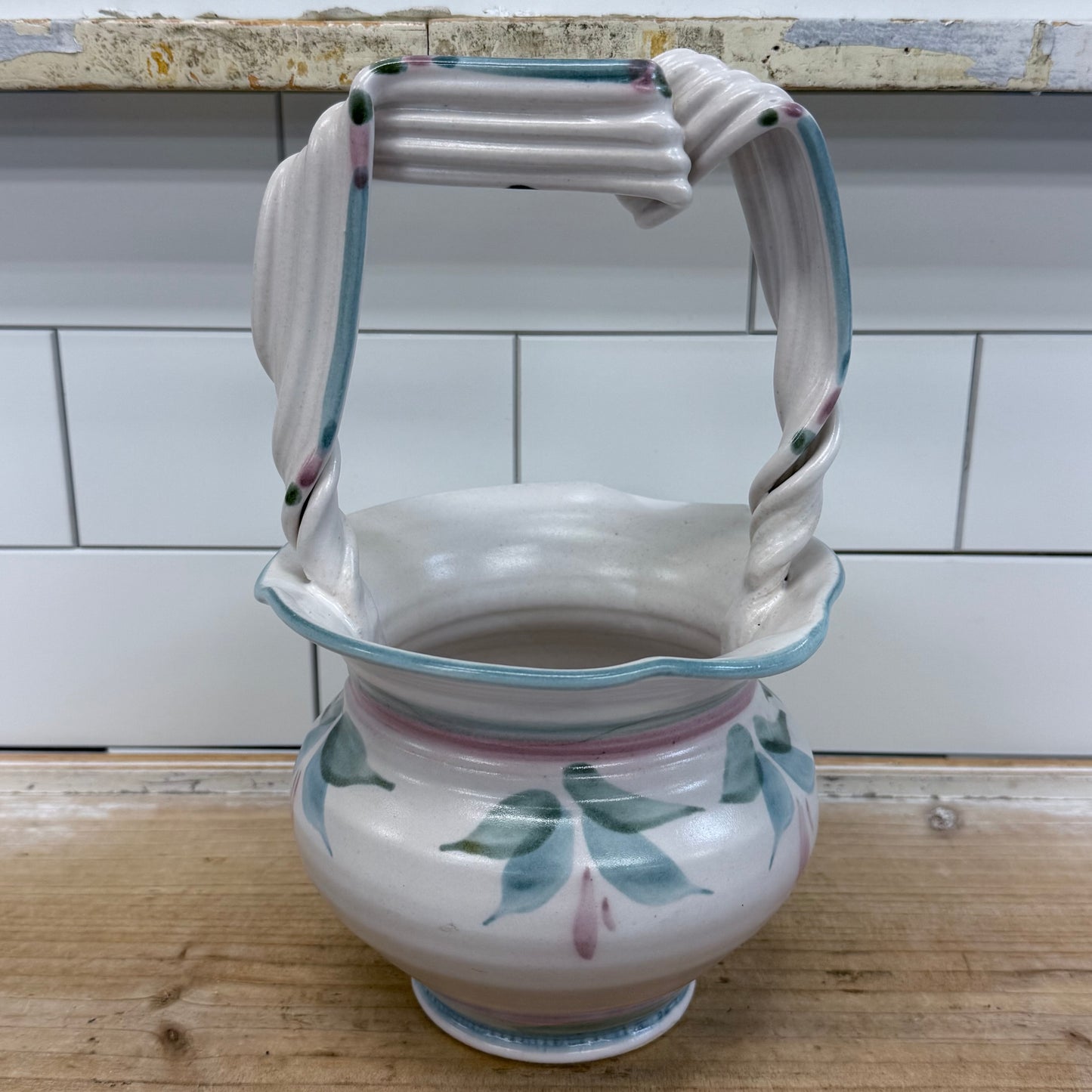 Studio Art Pottery Floral Basket Twisted Handle Signed Ceramic