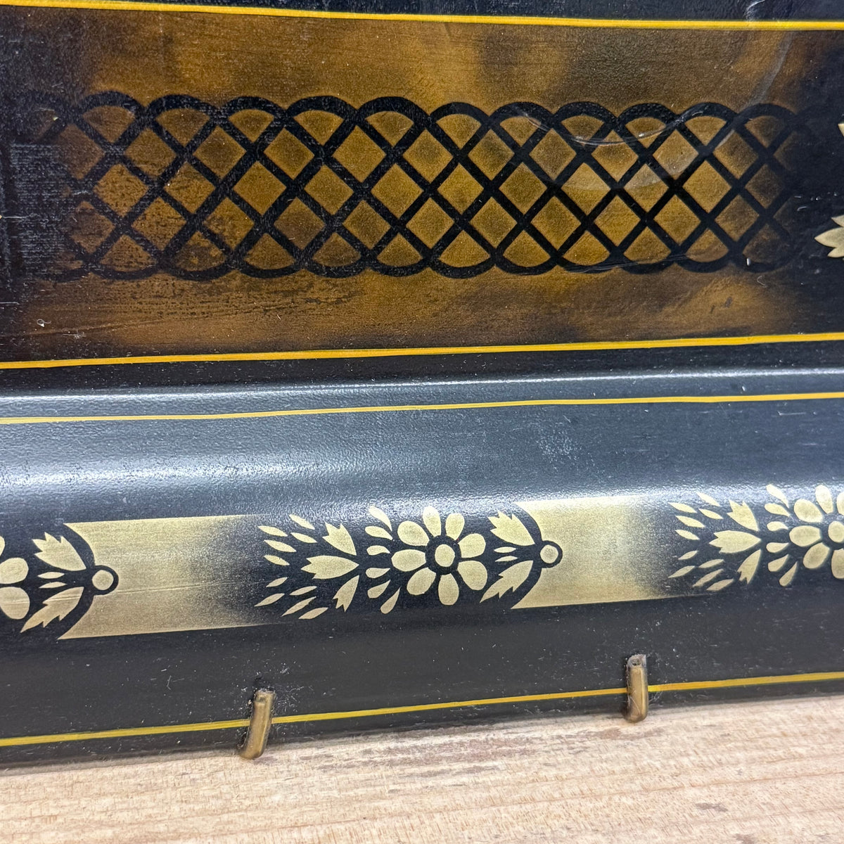 Floral Stenciled Tin Tray Black Gold Toleware Vintage 1970s