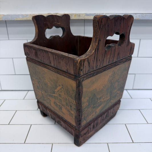 Colonial Americana Wood Wastebasket Scenic Panels
