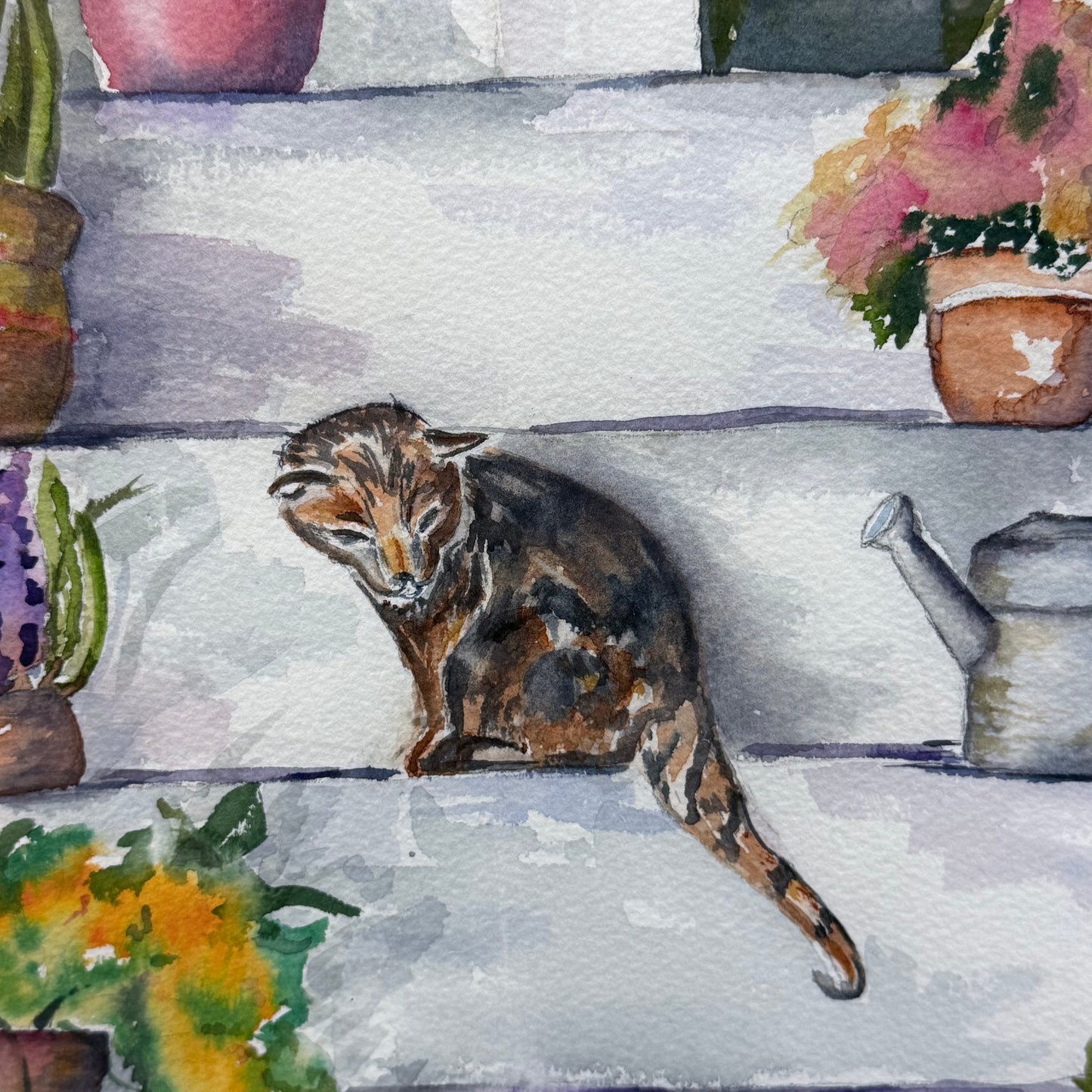 Cat on Steps Original Watercolor Signed Joann Florey Framed Art