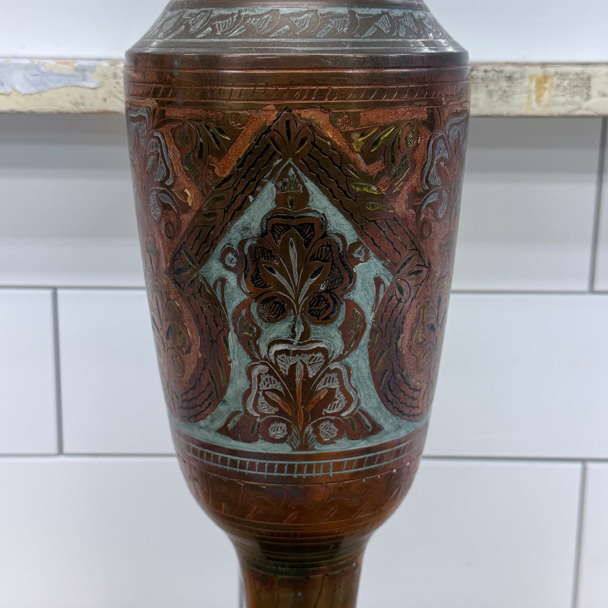 PENCO Indian Brass Engraved Floral Pedestal Vase 17”